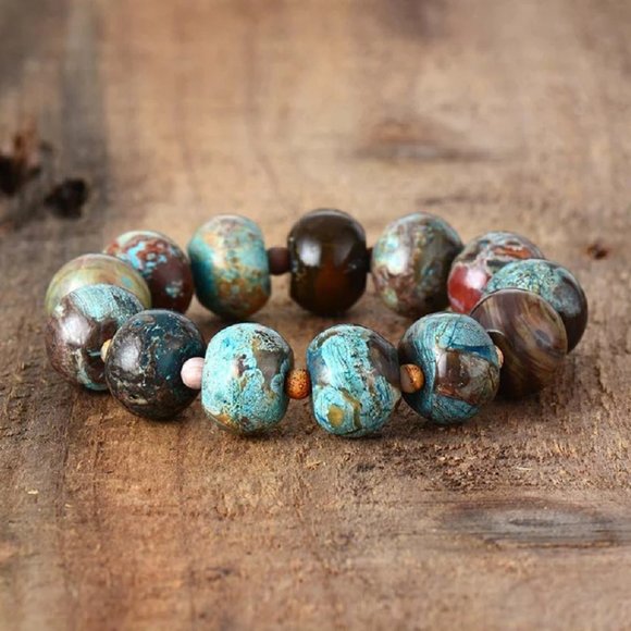 Natural 14mm Blue Calsilica Jasper Stone Beaded Bracelet - Picture 2 of 4